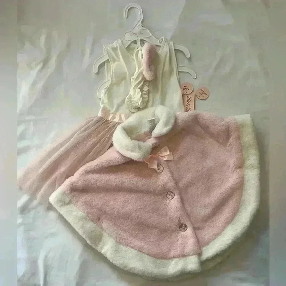 Little Lass Other - Little Lass Girls Kids Size 4T Dress Faux Fur Poncho Headband Accessory Pink